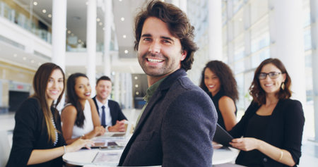 Portrait, smile and businessman in meeting for proposal, funding or budget review for company....