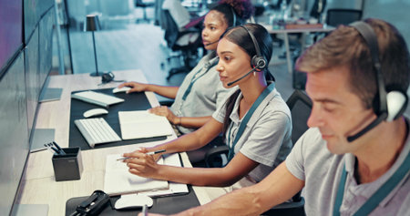 Emergency, service and people on computer with headset for security, dispatcher and operator....