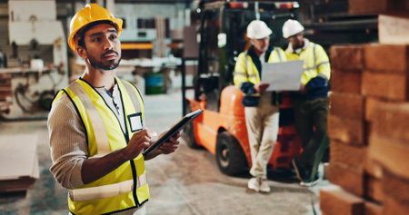 Tablet, building or man in woodwork workshop for furniture manufacturing, renovation or quality control. Check, builder or carpenter with inspection with timber, stock maintenance and researchの写真素材