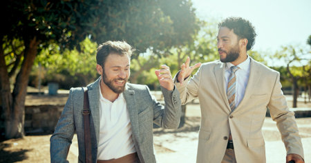 Travel, business men and conversation at park, ecology discussion or corporate gesture. Team,...