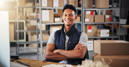 Portrait, logistics and man with arms crossed, boxes and smile with ecommerce, delivery and...