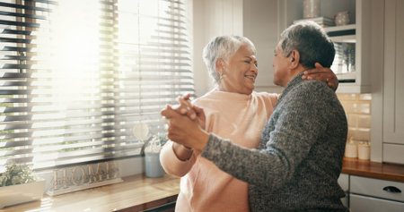 Smile, dance and senior couple with love in home for healthy relationship, loyalty or holding hands....