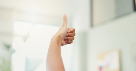 Thumbs up, hand and person in home, opinion and closeup of gesture for vote, thank you and living...