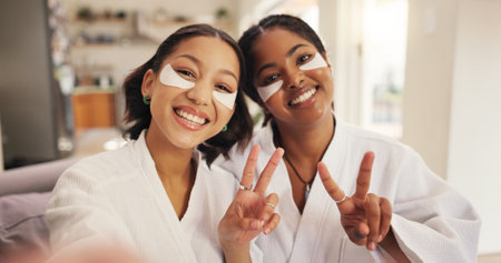 Beauty, eye mask and selfie with friends in home together for pampering or skincare routine. Aesthetic, peace sign and profile picture with women in apartment for dermatology or social media postの写真素材