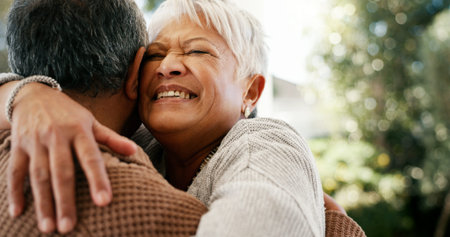 Love, hug and senior couple outdoor for healthy relationship, connection and reunion together....