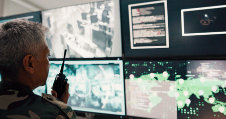 Woman, talk and radio with computer screen for safety video, military air control and monitor war....