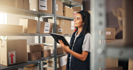 Logistics, woman and thinking with tablet for delivery, distribution and quality control for...