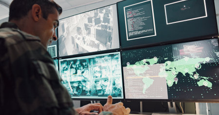 Man, soldier and typing with computer screen in control room, military battle and monitoring war. Army, feedback and global surveillance of satellite warning, government protection and secret serviceの写真素材