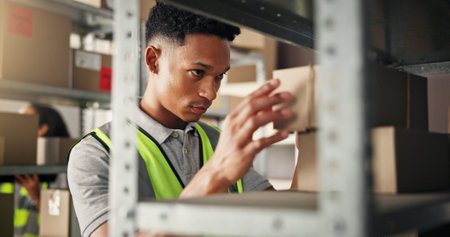 Supply chain, man and box with inspection for delivery, distribution and order for ecommerce. Small...