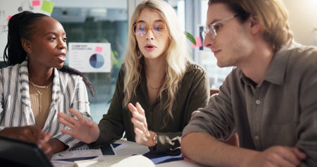 Discussion, project or people with charts or teamwork for social media subscription or business meeting. Planning, SEO analysts or brainstorming for report documents, graphs growth or startup reviewの写真素材