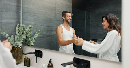 Happy couple, hotel or dancing in bathroom for fun morning, routine or support with love together....