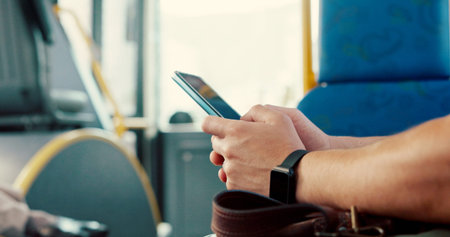 Trip, hands and person with phone on bus for travel schedule, streaming service and morning commute....