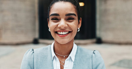 Smile, city and portrait of business woman with confidence for career opportunity, ambition and pride. Happy, corporate and person for entrepreneurship, investment advisor and financial job in townの写真素材