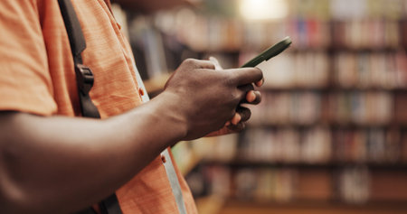 Hands, student and phone at library, texting and contact on web, notification and chat at college....