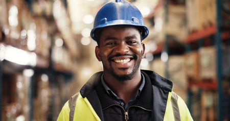 Happy, black man and portrait in warehouse with logistics, confidence and shipping distribution....