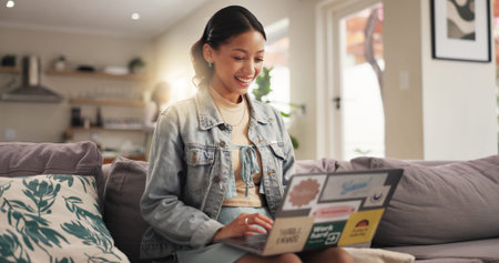 Home, girl and student with laptop, smile and university portal with education. Apartment, college...
