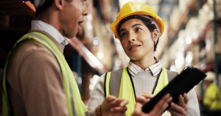 Warehouse, logistics and business people with tablet for teamwork, stock management and inspection....