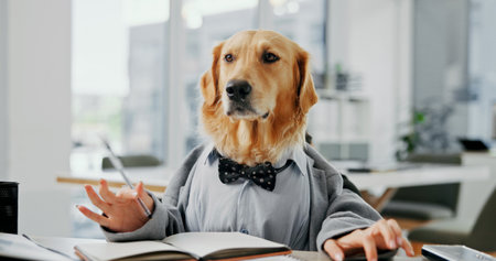 Writing, planning and notebook with business dog in office for pet ambassador, research and consultant. Animal welfare, paperwork and schedule vet appointments with golden retriever in agencyの写真素材