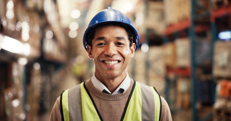 Happy, man and portrait in warehouse with logistics, confidence and supply chain distribution. Export, commerce and person at cargo storage factory with smile, pride or management in global serviceの写真素材