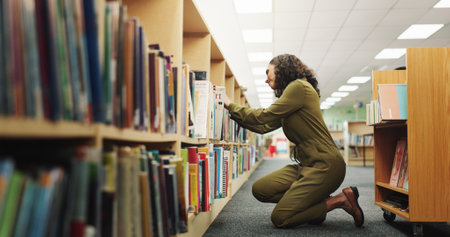 Librarian, woman and books with trolley in library for stock packing, novel arrangement and organize material. Professional, employee and check bookshelf for inventory management or sorting storybookの写真素材
