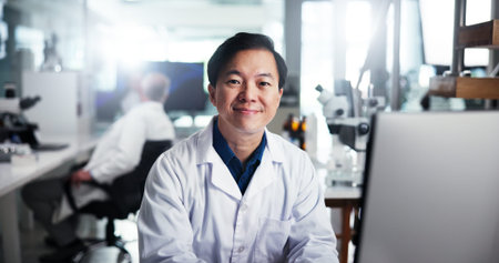 Computer, scientist and smile with man, portrait and healthcare for medical research or test...