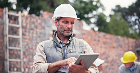 Construction site, internet or man with tablet, real estate or communication with property. Mature...