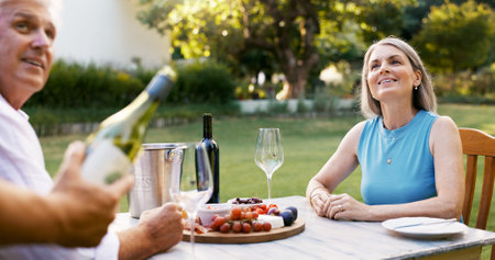 Love, date and wine with old couple in nature for romance, anniversary brunch and waiter. Happiness, retirement and service with senior man and woman at vineyard resort for food, menu and vacationの写真素材