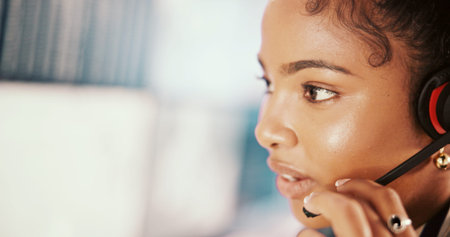 Business, advice and woman with headset, call center and telemarketing with conversation. Person,...