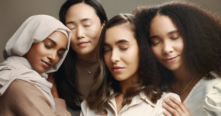 Beauty, friends and face of women in studio for skincare, cosmetics and makeup. Eyes closed, brown background and people with natural skin for inclusion, support and glow for facial treatmentの写真素材