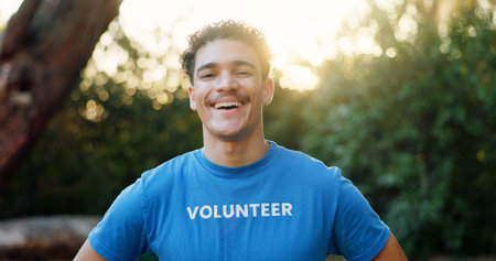 Volunteer, man and happy with portrait in nature for green project, community service and...