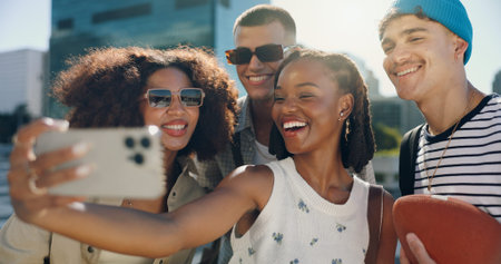 Selfie, bonding and friends with smile, group and photography of Gen z on roof, reunion and fashion....