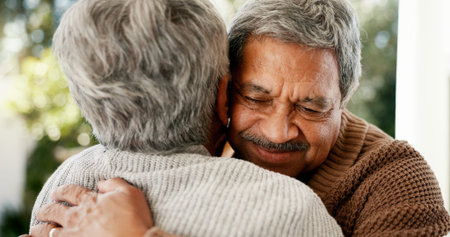 Smile, senior couple and hug in backyard with love, partner support and bonding together. Elderly...