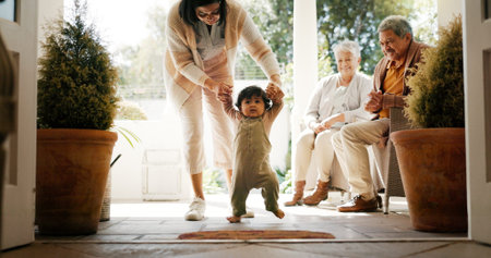Love, walking and baby with family at house for support, bonding and grandparents. Care, happiness...