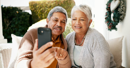Post, selfie and smile with old couple at home for photography, social media and relax. Happiness,...