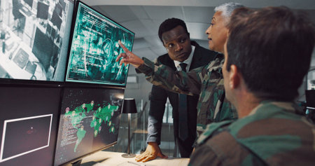 Computer, security and people on screen for army surveillance, global investigation and protection. Satellite, law enforcement and men and women on monitor for inspection, safety and military searchの写真素材