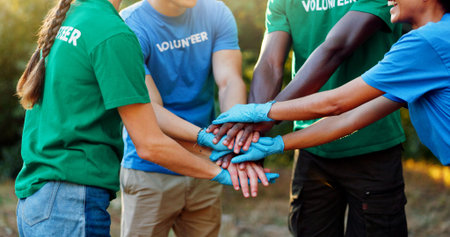 Nature, volunteer and hands stack of people for teamwork at charity, community service and eco...