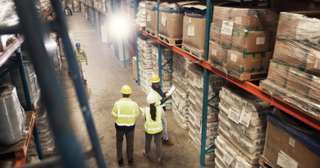 Above, distribution and business people with inventory, logistics and cooperation with supply chain....