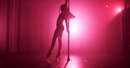 Woman, light or stage with pole for show, tease performance or sexy movement in nightclub. Body, exotic dancer and female person in silhouette for seduction, stripping space or party entertainmentの写真素材
