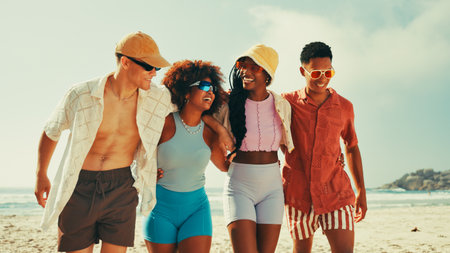 Happy, laugh and friends hug on beach for summer vacation, holiday and adventure together. Nature, travel and men and women by ocean or sea for bonding, relaxing and laughing on weekend outdoorsの写真素材