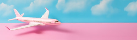 Airplane on pink and blue copyspace background. Sustainable travel, zero emissions travel conceptの素材