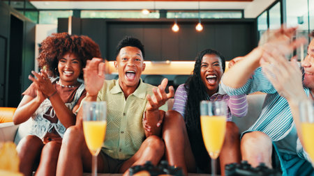 Friends, happy and watching tv with celebration on sofa for match goal, football team support or applause. Drinks, people or excited for live streaming game with tournament passion or success in homeの写真素材