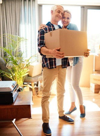 Couple, boxes and new home or living room with real estate, property and mortgage or bond success....