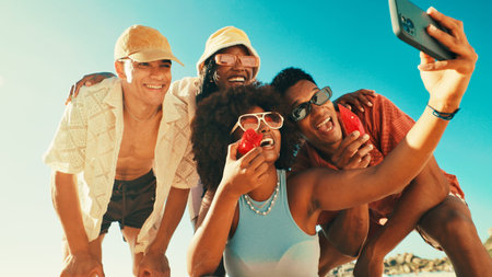 Friends, selfie and happy at beach with people, watermelon and excited with post on social network....