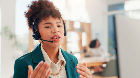 Call centre, consultation and woman with headset, computer and pitching service to contact for lead...