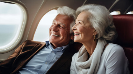 Mature couple on first class private jet. Luxury vacation travel concept.の素材