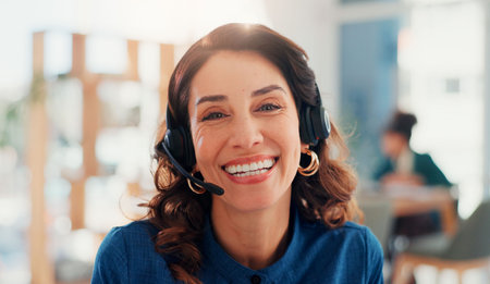 Happy woman, portrait and call center with headset for virtual assistance or communication service....
