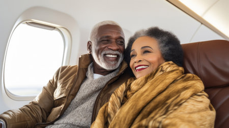 Mature couple on first class private jet. Luxury vacation travel concept.の素材