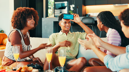 App, game and phone with friends in living room of home together for bonding or social gathering....