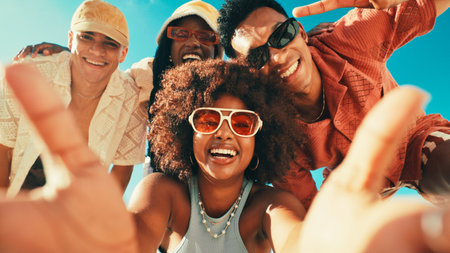 Smile, selfie and portrait of friends outdoor for social media, summer bonding and adventure. Happy, profile picture post and community with group of people in nature for low angle and diversityの写真素材