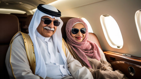 Mature couple on first class private jet. Luxury vacation travel concept.の素材
